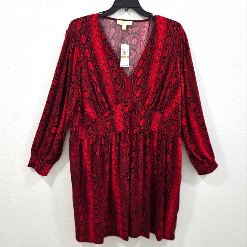 Michael Korns Womens MiniDress Snake Print Red Summer Long Sleeve Size 3X.